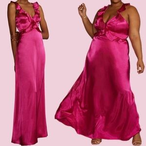 Vibrant fuchsia floor length ruffle charmeuse long prom formal wedding dress